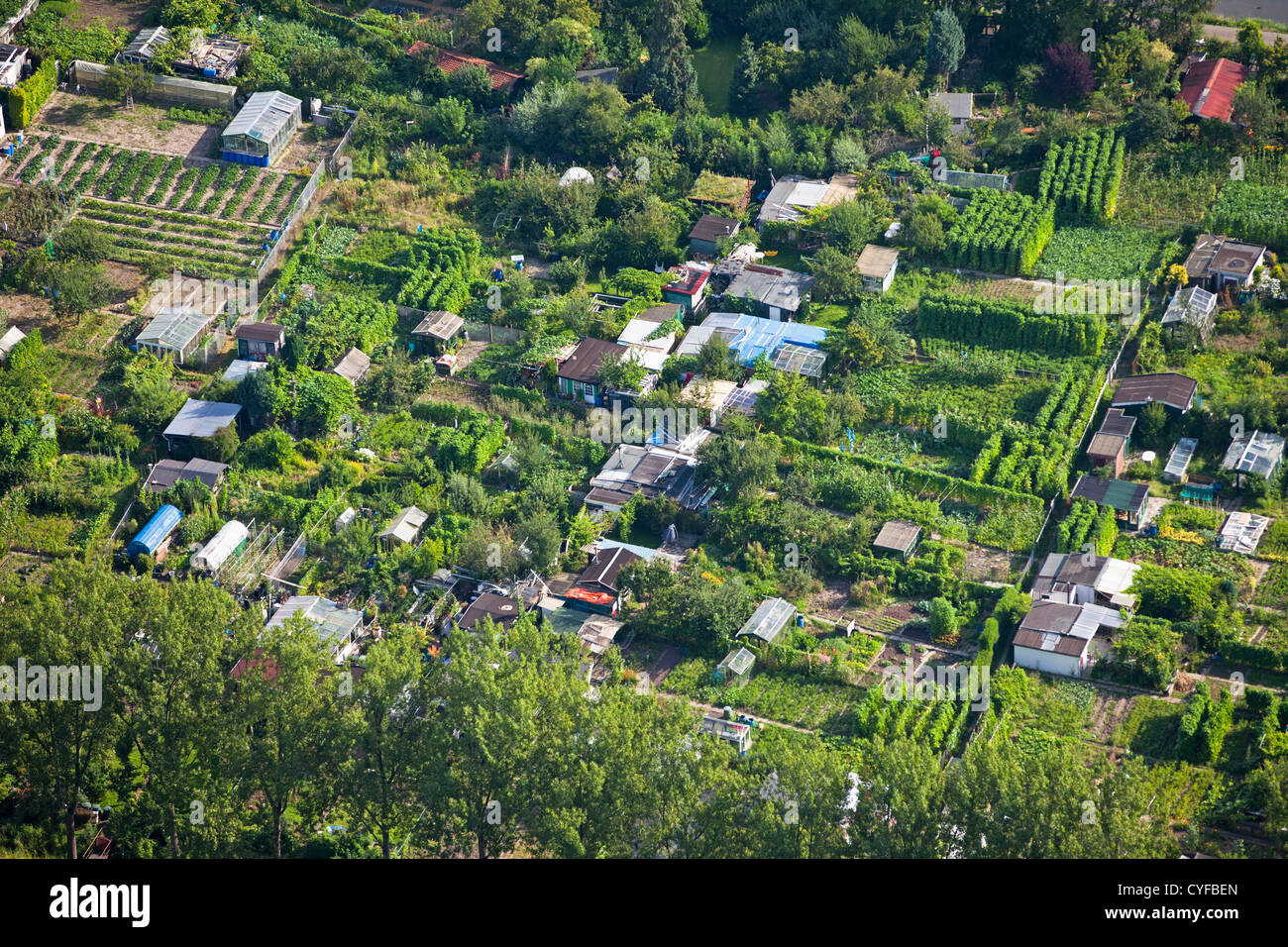 The Netherlands, Oud Zuilen. Garden allotments. Aerial. Stock Photo