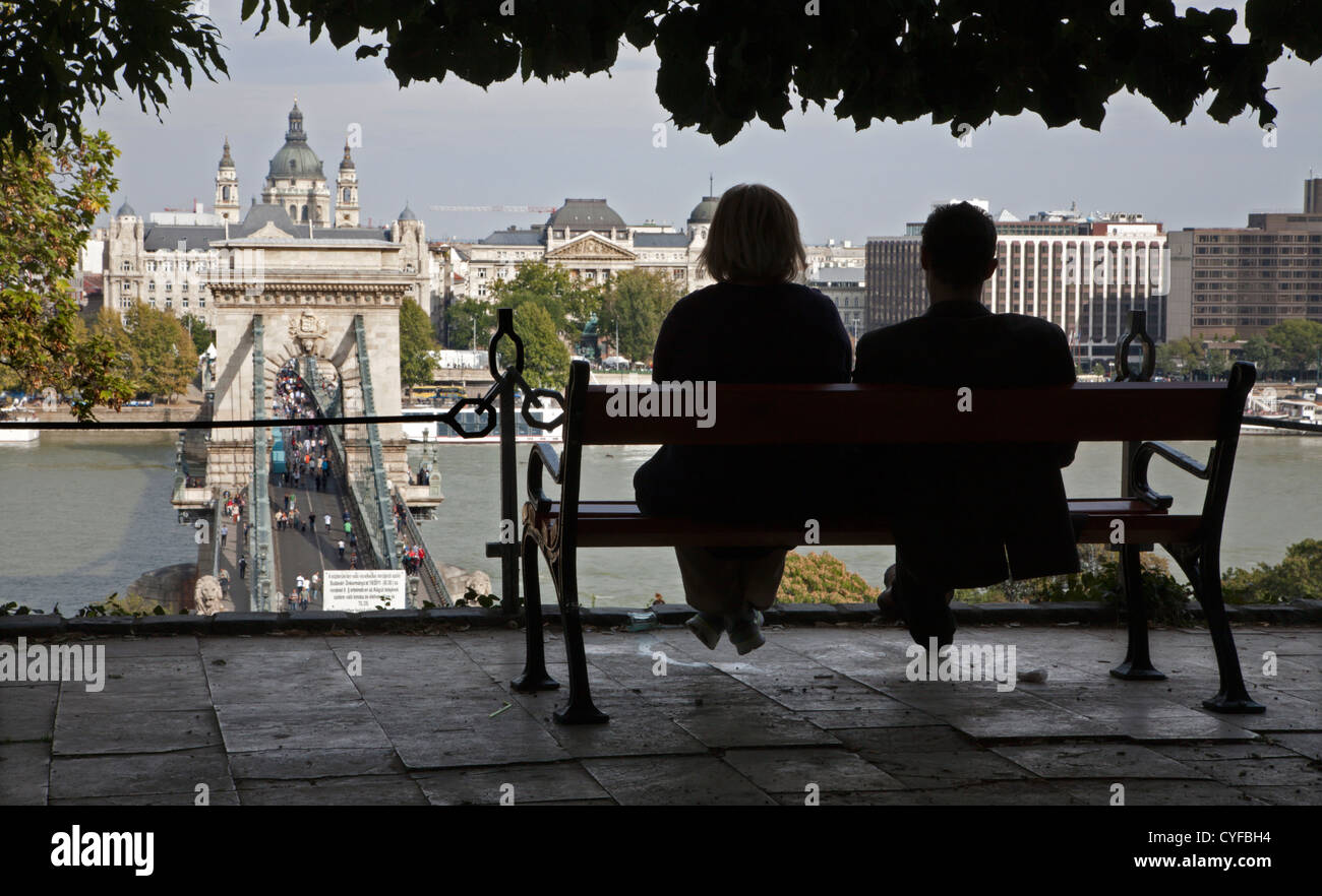 Budapest - pair over the town - Chain bridge and st. Stephen church in background Stock Photo