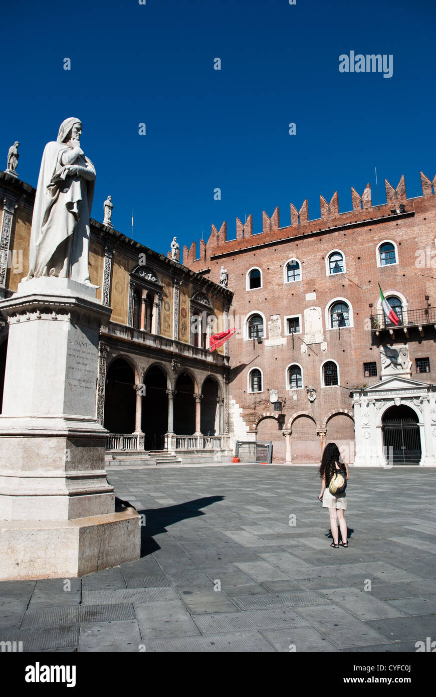 Piazza dei Signori, also known as Piazza Dante in Verona with various palaces around the square and a statue of Dante Alighieri Stock Photo