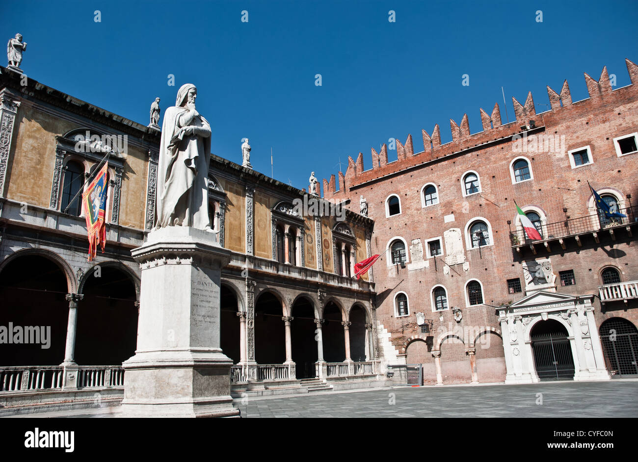 Piazza dei Signori, also known as Piazza Dante in Verona with various palaces around the square and a statue of Dante Alighieri Stock Photo