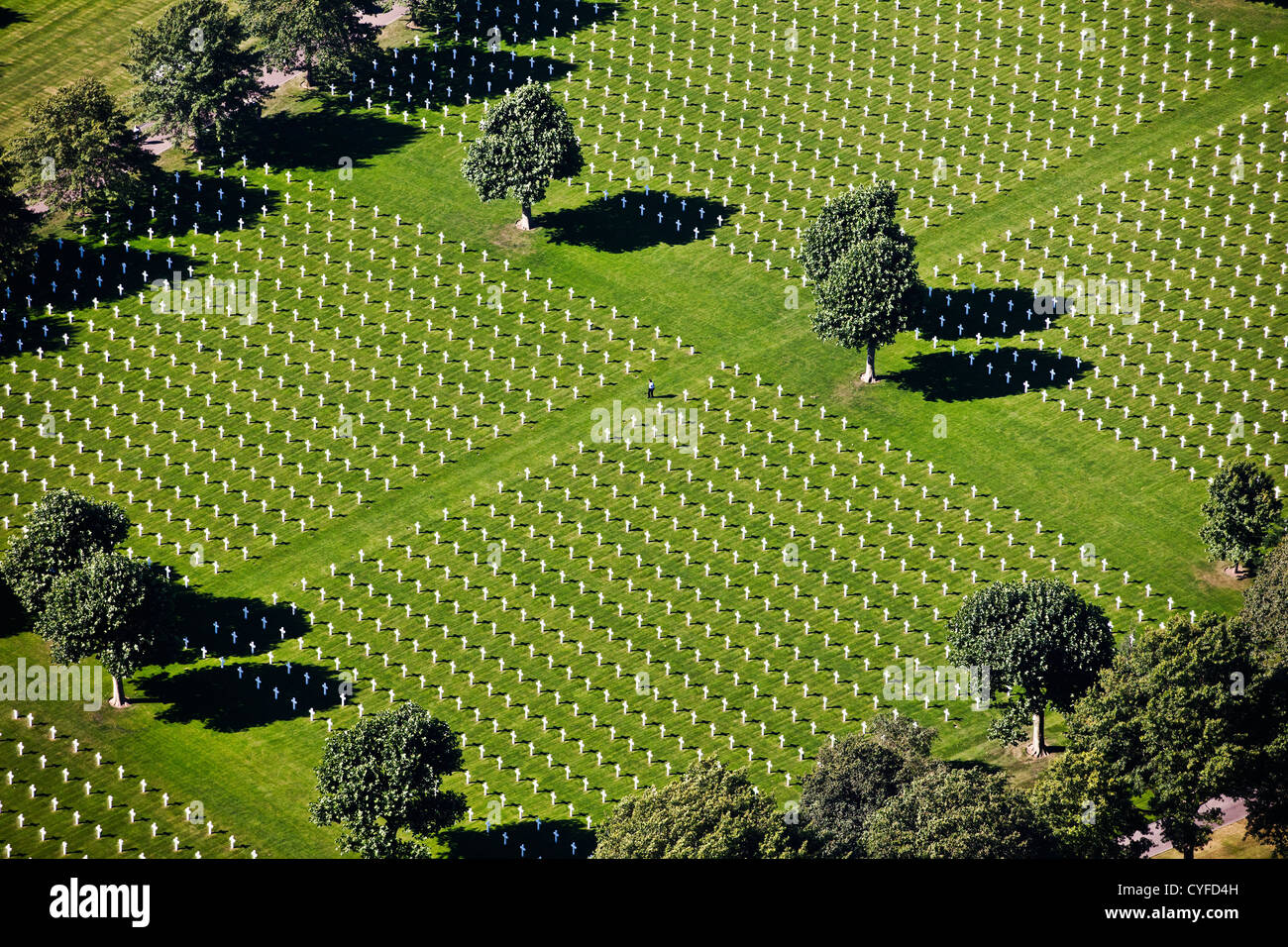 The Netherlands, Margraten. World War II Netherlands American Cemetery and Memorial. Aerial. Stock Photo