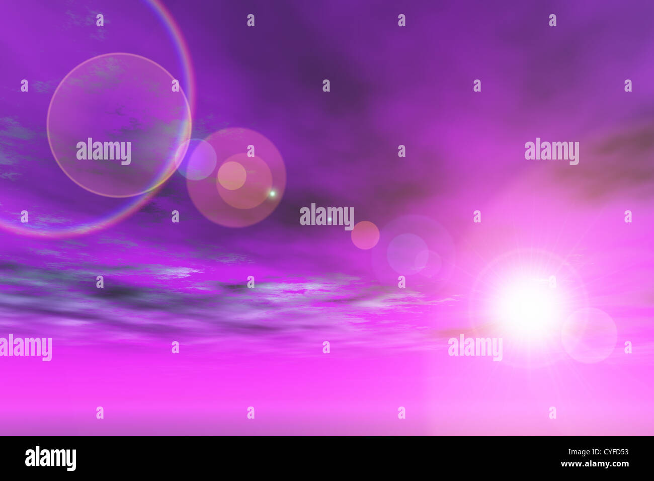 Purple sky with sun and lens flare Stock Photo