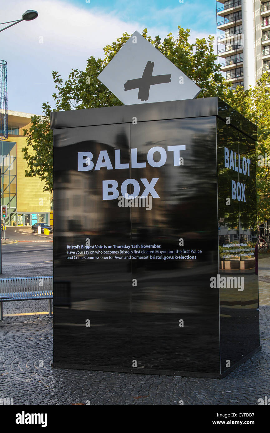 Bristol UK. 3rd November 2012. A massive 3m x 2m x 2m ‘ballot box’ was unveiled on The Centre, one of Bristol’s busiest thoroughfares on Friday, November 2, 2012.  The aim of the giant-sized ballot box is to remind passers-by to vote in Bristol’s biggest ever elections, which take place on Thursday, November 15, 2012.  The huge ballot box highlights the forthcoming mayoral and Police and Crime Commissioner (PCC) elections.Fifteen candidates are standing in the mayoral elections and four candidates are standing the in PCC elections. Credit:  Rob Hawkins / Alamy Live News Stock Photo