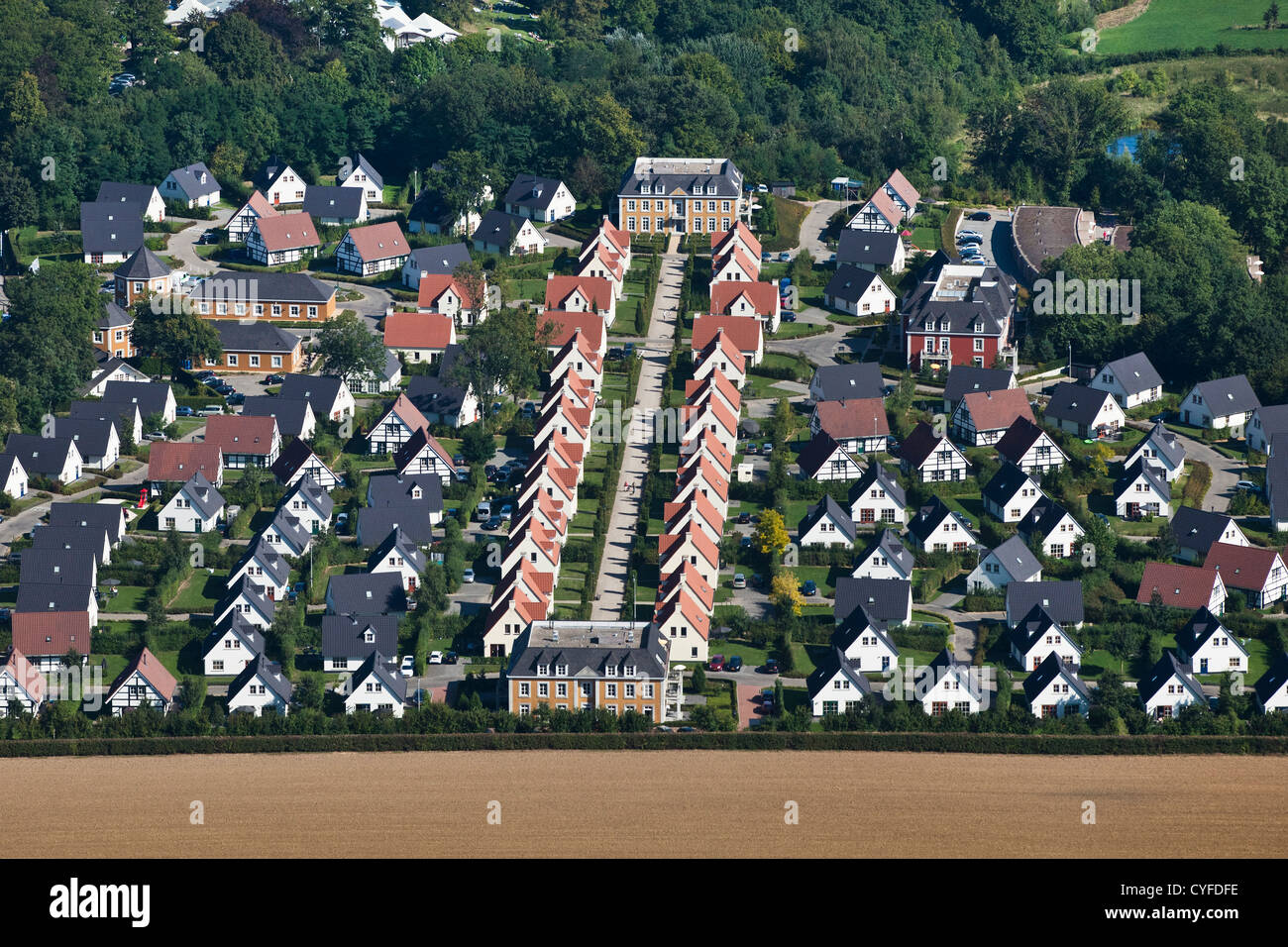 The Netherlands, Valkenburg, Luxury holiday houses in traditional style. Aerial. Stock Photo