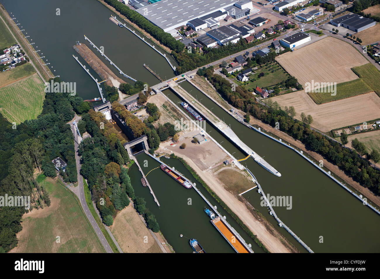 The Netherlands, Born, Ship in lock. Canal called Juliana Canal. Aerial. Stock Photo