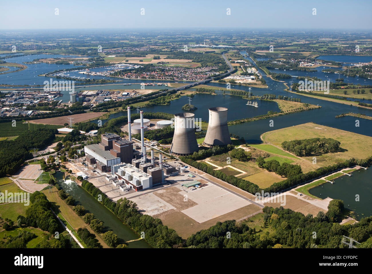 The Netherlands, Maasbracht, Clauscentrale, Power plant ( natural gas ) near river Maas or Meuse. Aerial. Stock Photo