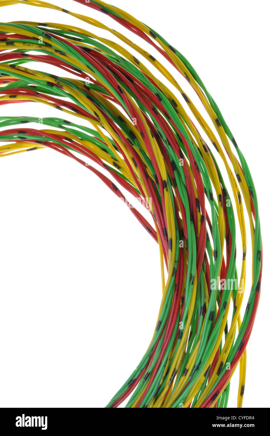 Bundle of yellow red and green cables isolated on white Stock Photo - Alamy