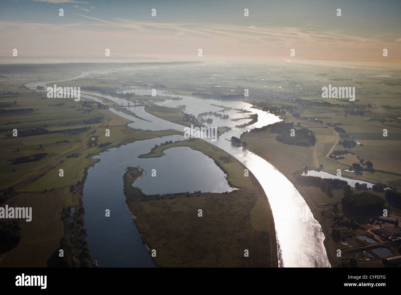 The Netherlands, Maurik, Yacht-basin, Flood-control dam in Lek river, also called: Neder-Rijn. Aerial Stock Photo