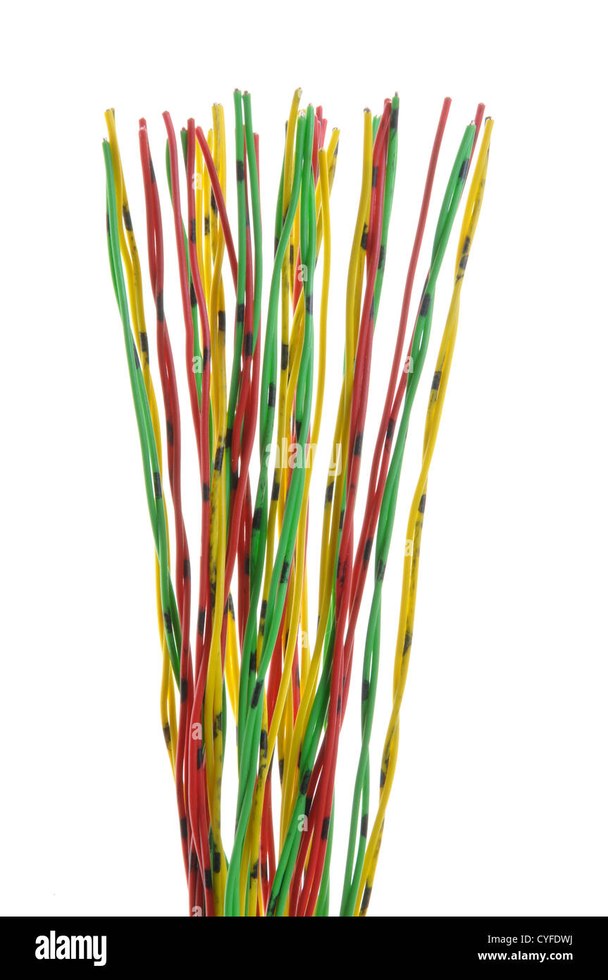 Bundle of yellow red and green cables isolated on white Stock Photo - Alamy