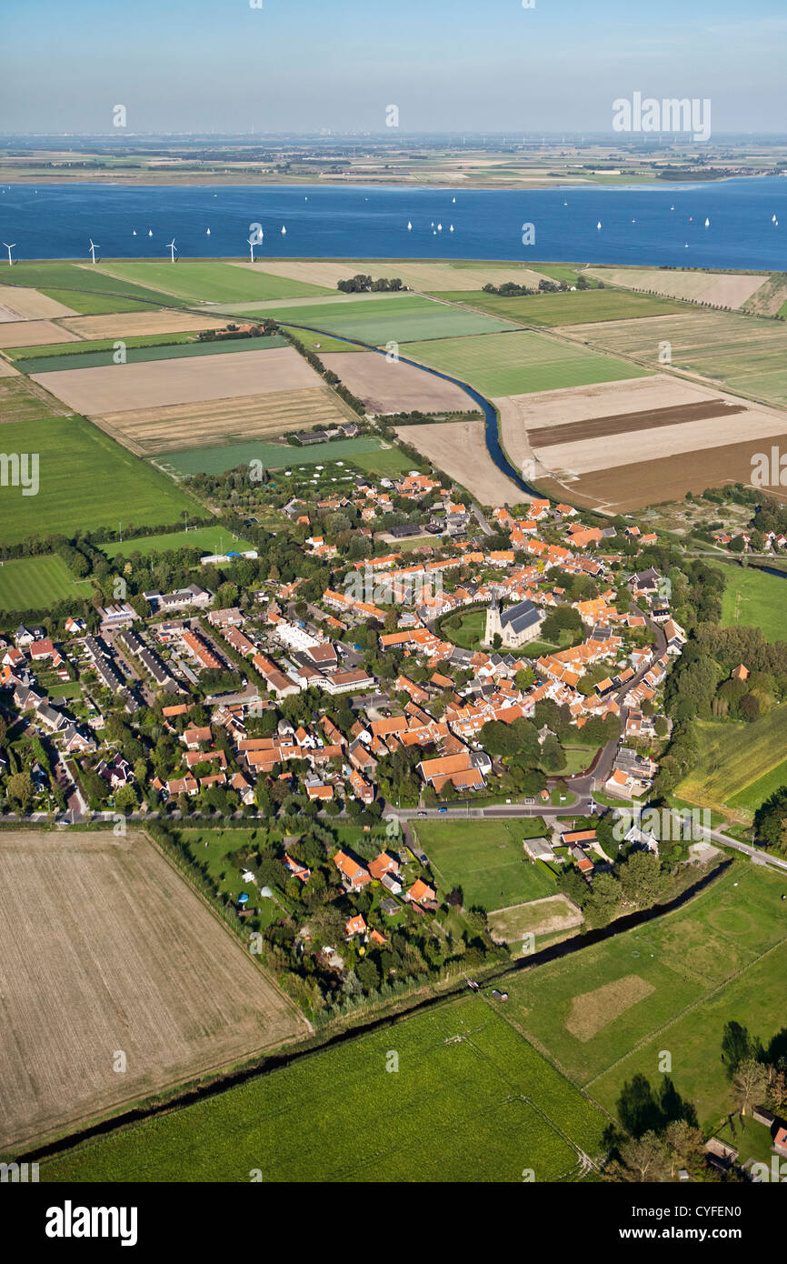 The Netherlands, Dreischor, View on the circular village center and farmland. Aerial. Stock Photo