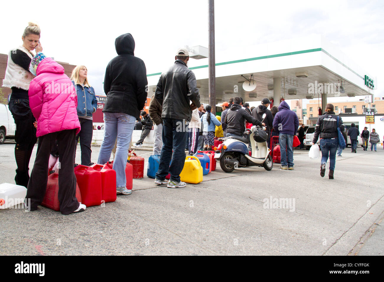 Nov. 2, 2012 - New York, NY, USA - New Yorkers wait in line to fill their gas cans at the Hess station in Sunnyside Queens. (Credit Image: © Dan Herrick/ZUMAPRESS.com) Stock Photo