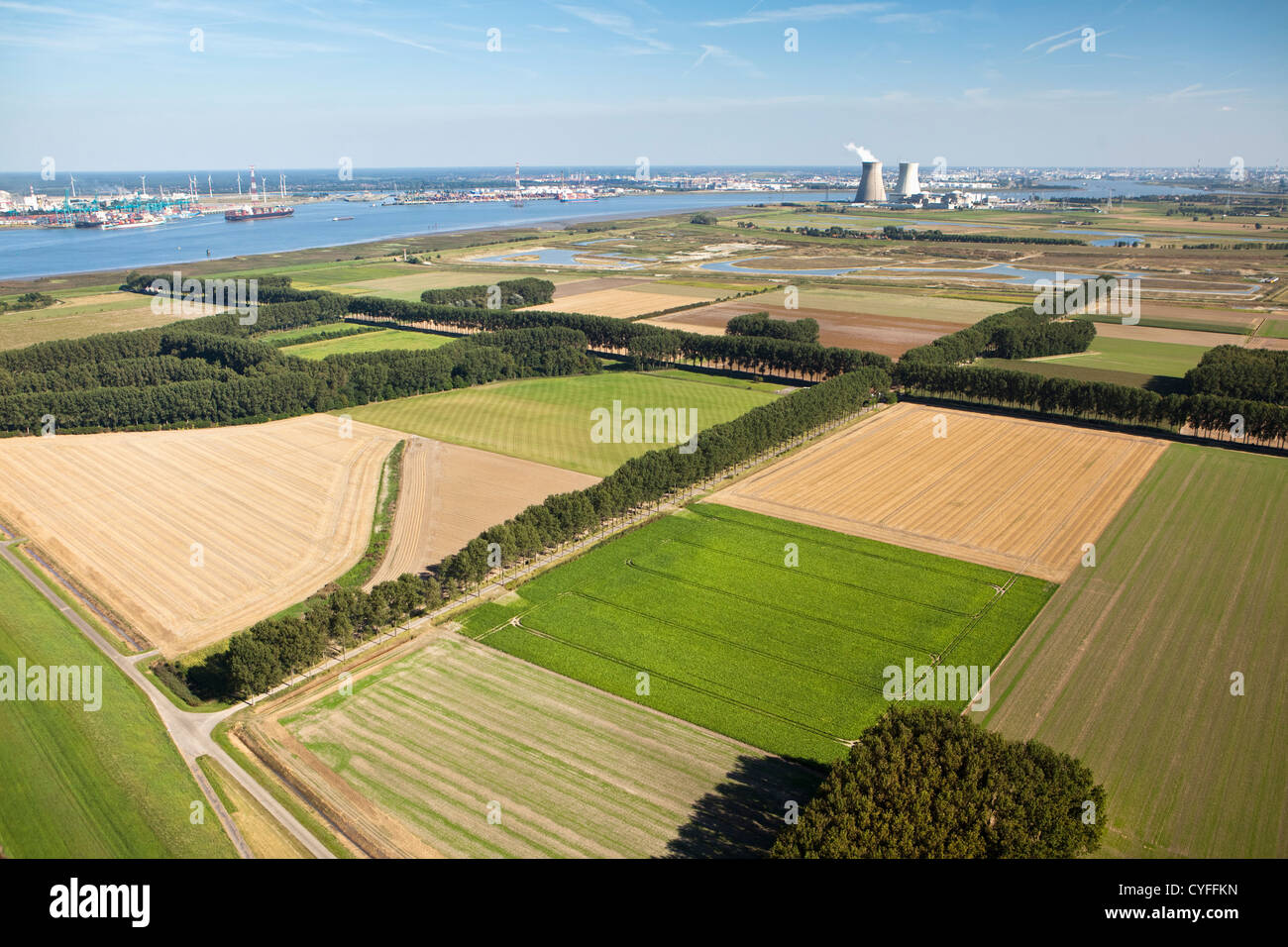 The Netherlands, Nieuw Namen, Polder called Hertogin Hedwigepolder near Westerschelde river. Industrial area of Antwerp. Aerial. Stock Photo