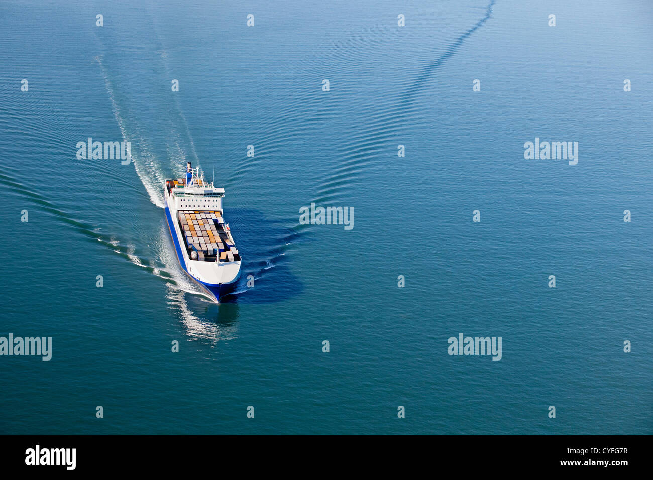 The Netherlands, Westkapelle. Westerschelde river. Cargo roll-on, roll-off ship. Aerial. Stock Photo