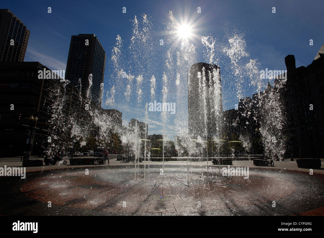 Jets of water at Rings Fountain in the Wharf District of Boston, Massachusetts, America Stock Photo