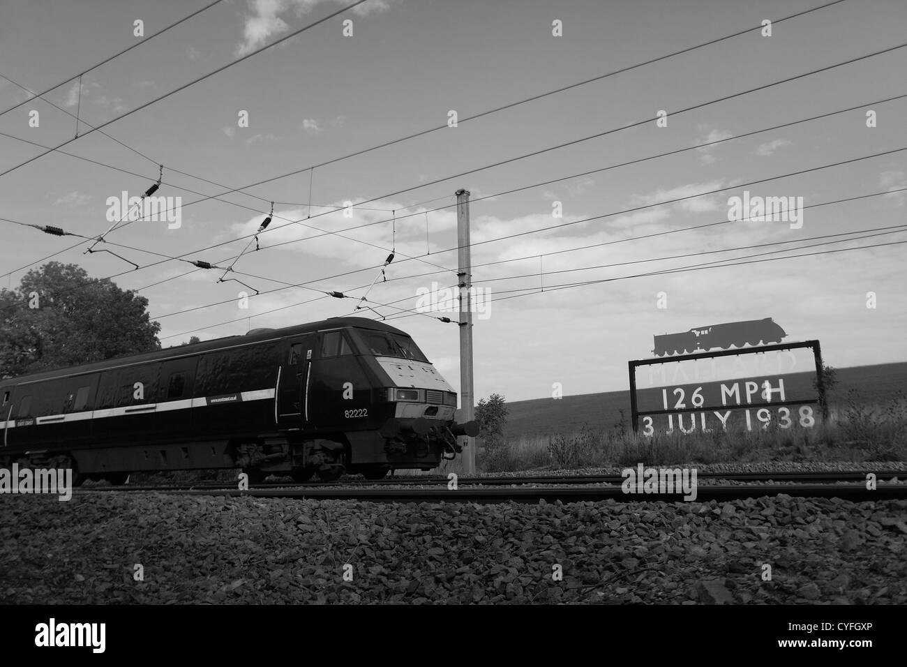 East Coast train 82222 DVT Electric Train passing the Mallard Speed