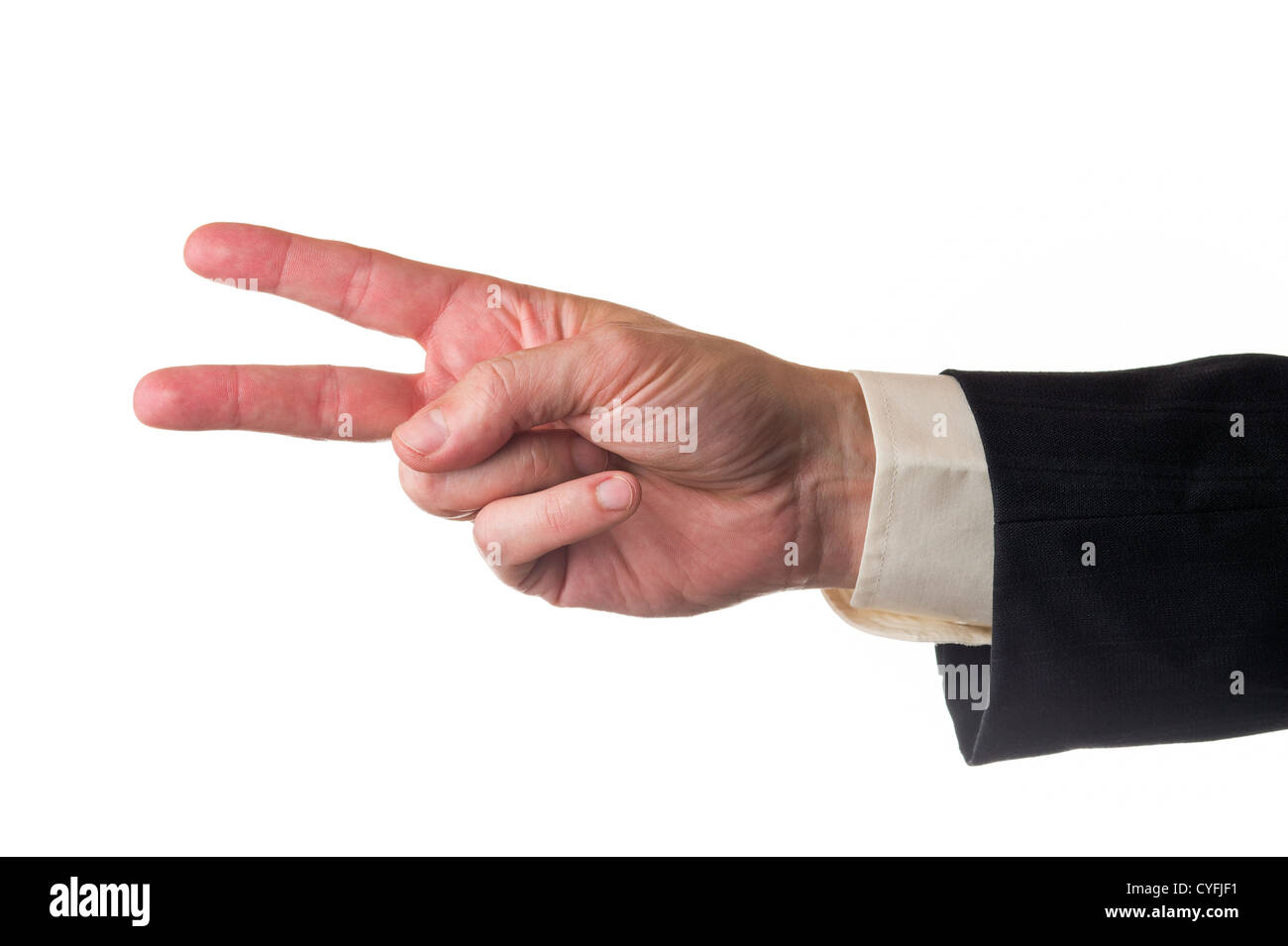 Man showing two fingers, suit sleeve and white isolated background. Stock Photo