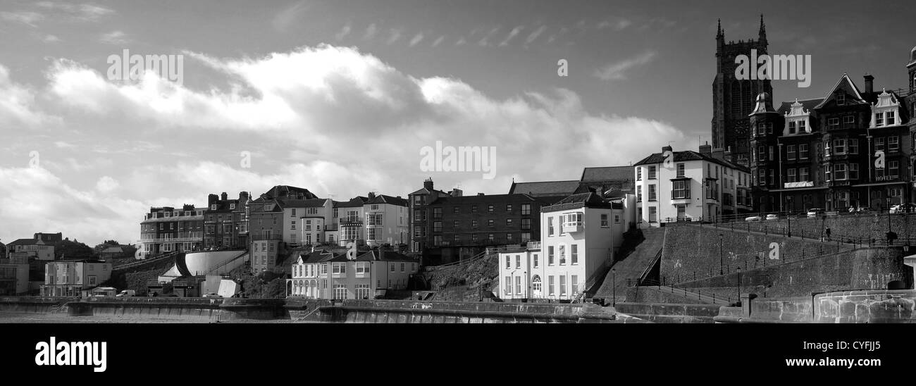 Black and White panoramic Summer day view over the promenade and St Peter & St Paul church, Cromer town, Norfolk Coast, England Stock Photo