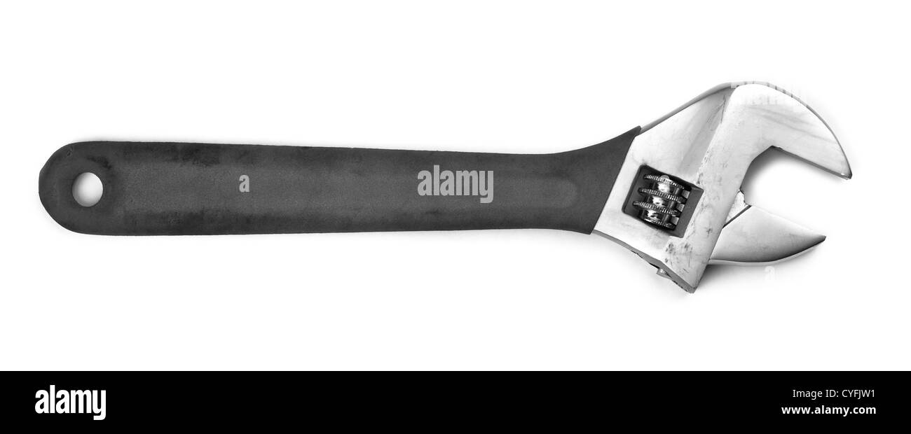 One big wrench, black and white photo, white background. Stock Photo