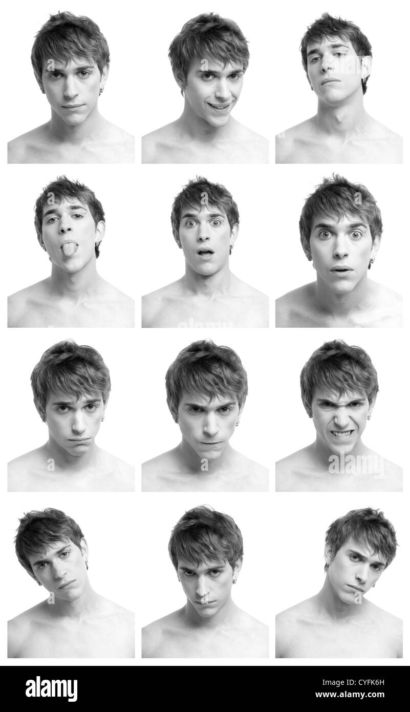 Young man face expressions composite black and white isolated. Stock Photo