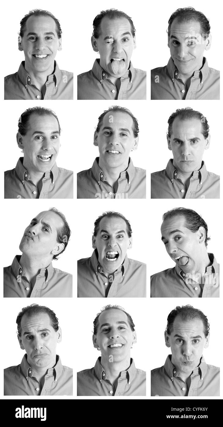 Adult man face expressions composite composite black and white isolated. Stock Photo