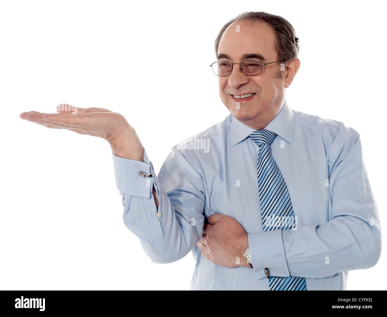Boss posing with an open palm isolated on white Stock Photo