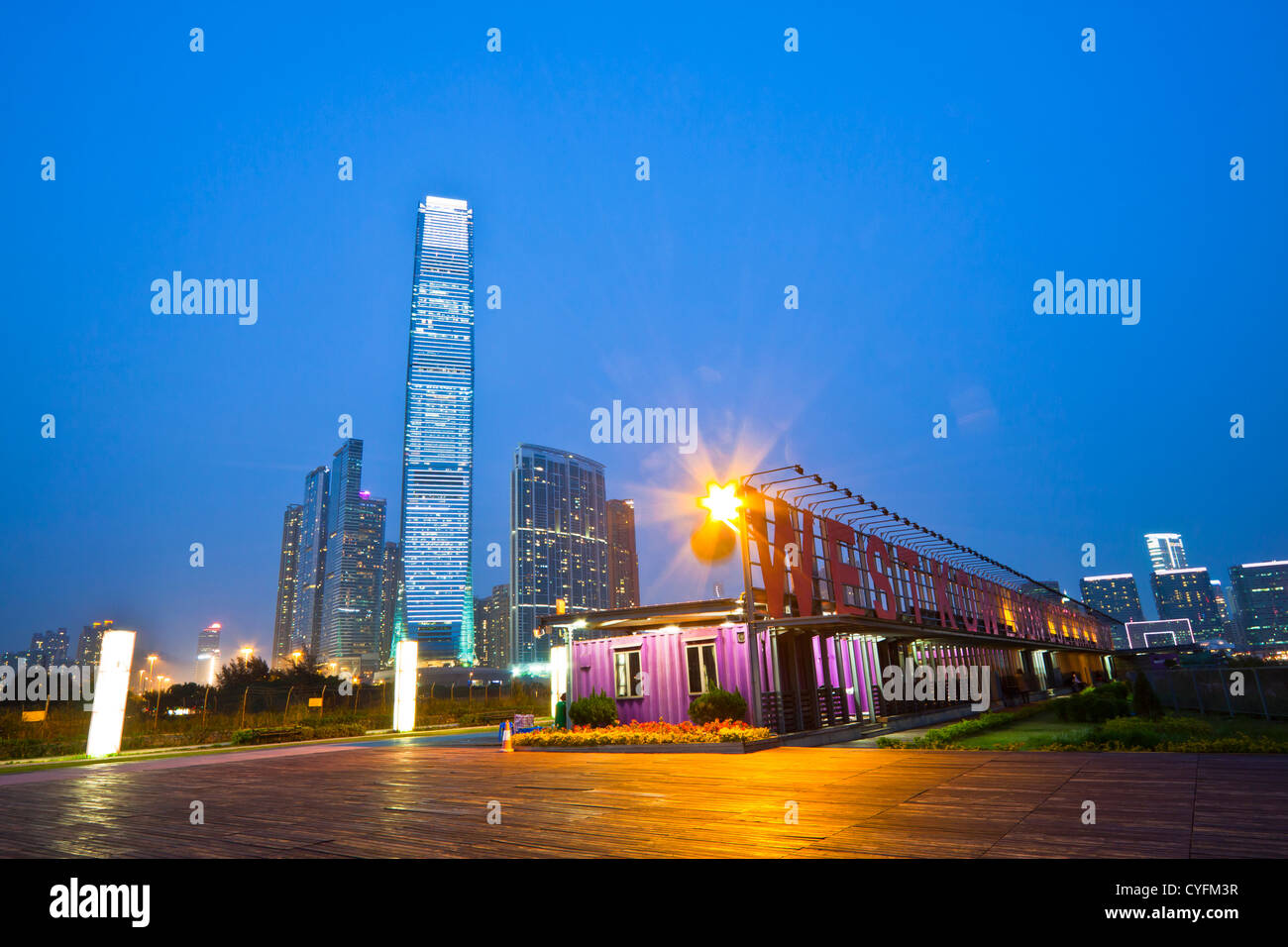 Hong Kong skyline at night at Kowloon West Promenade Stock Photo - Alamy