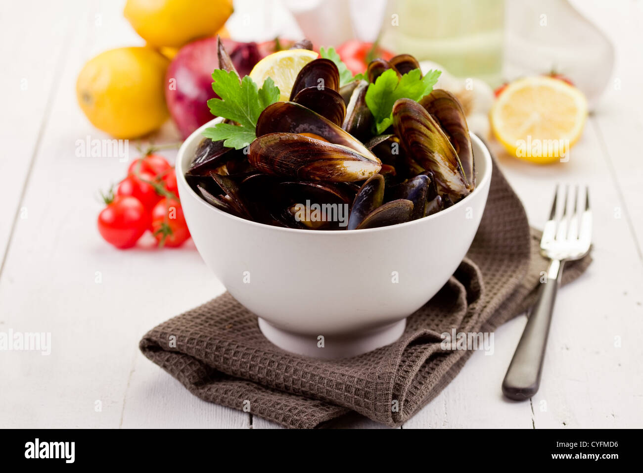 delicious italian fish dish made with mussels and white wine Stock
