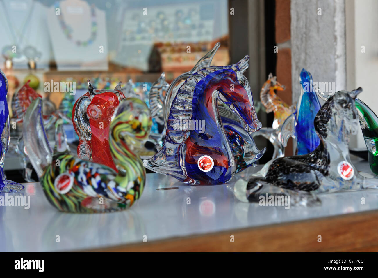 Glass figurines on sale, Murano Island, Venice, Italy. Stock Photo