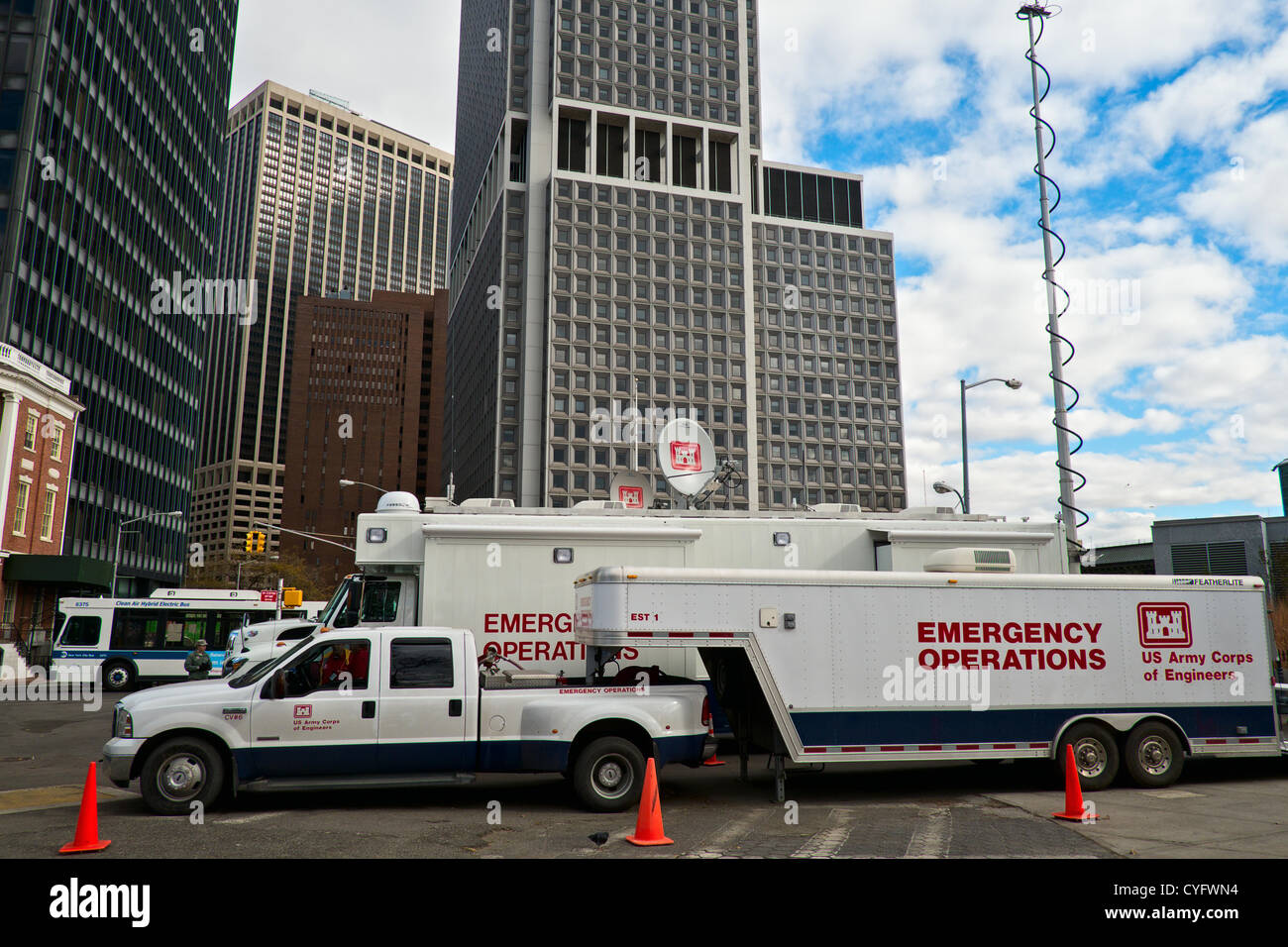 November 3, 2012, New York, NY, US.  Trucks from the U.S. Army Corps of Engineers parked next to Battery Park in lower Manhattan, five days after Hurricane Sandy flooded the city's financial district. Stock Photo