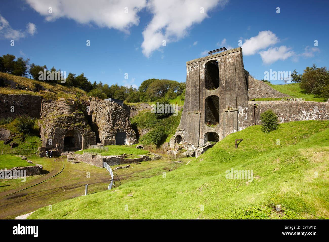 Remains of the furnace and Balance tower, Blaenavon Ironworks museum, Blaenavon, Wales, UK Stock Photo