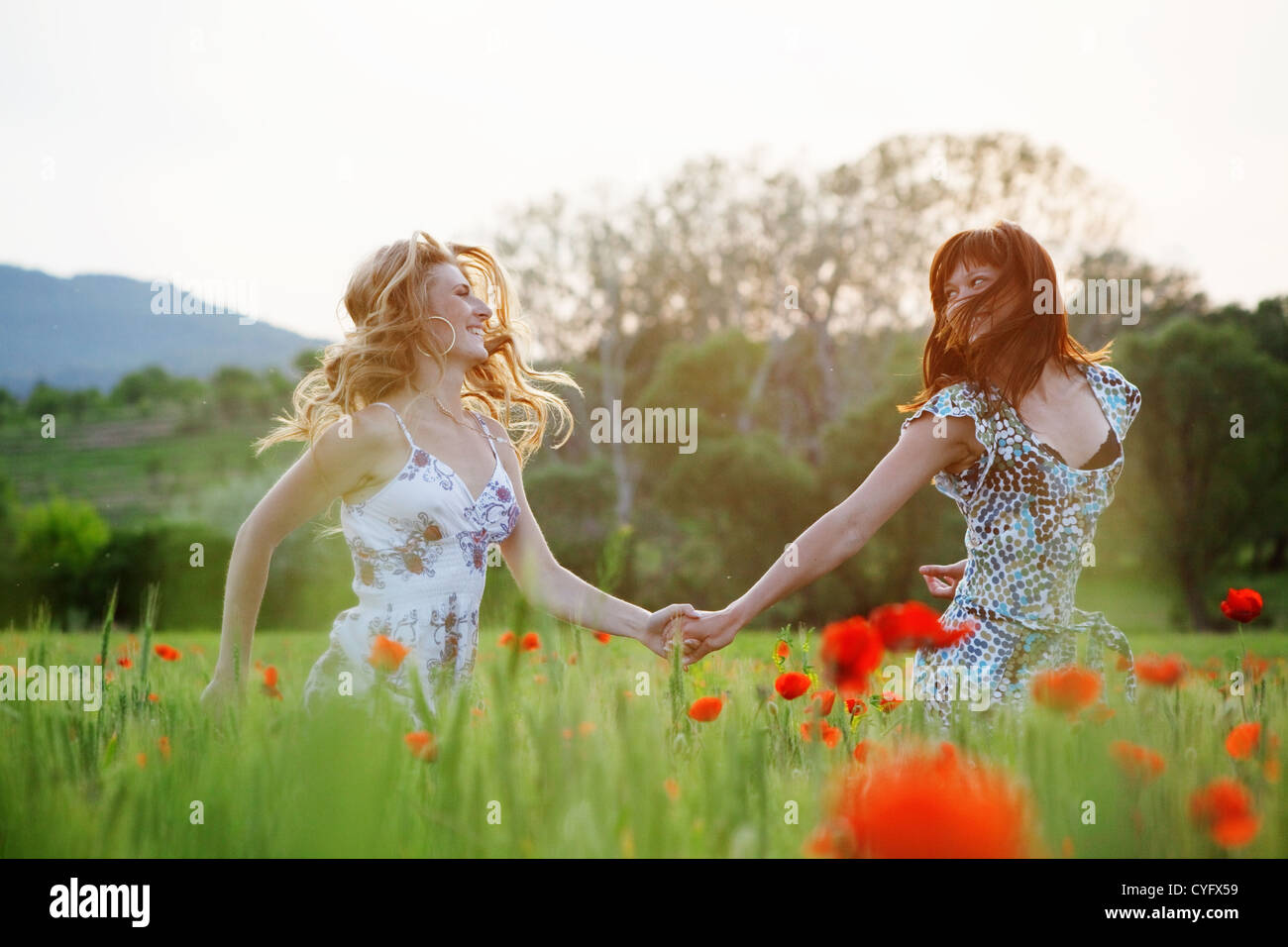 Posing two girls in spring field on sunset Stock Photo - Alamy