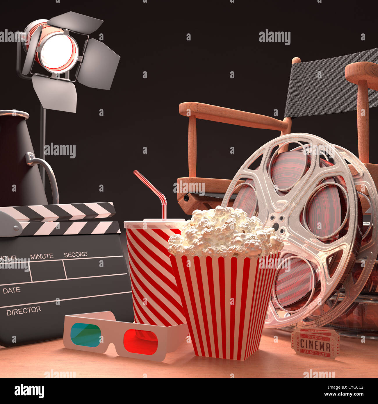 Objects of the film industry, the concept of cinema. Stock Photo