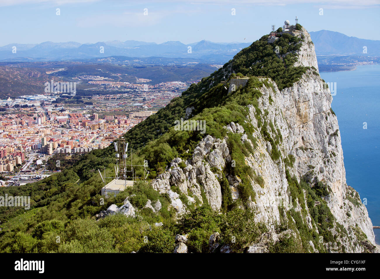 Rock of Gibraltar next to the La Linea town in Spain and Mediterranean Sea. Stock Photo