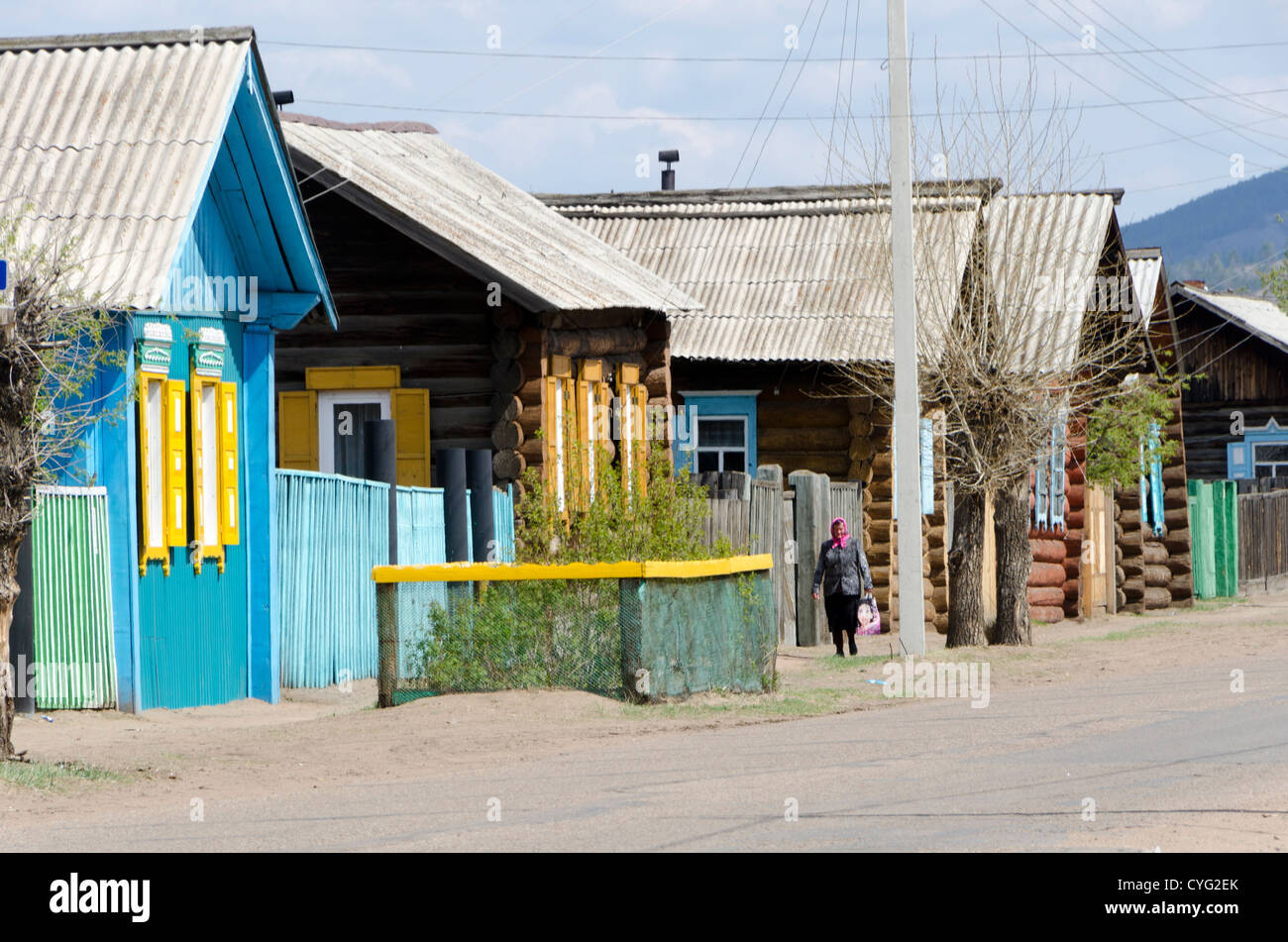 Traditional houses in village near Ulan Ude, Siberia, Russia Stock
