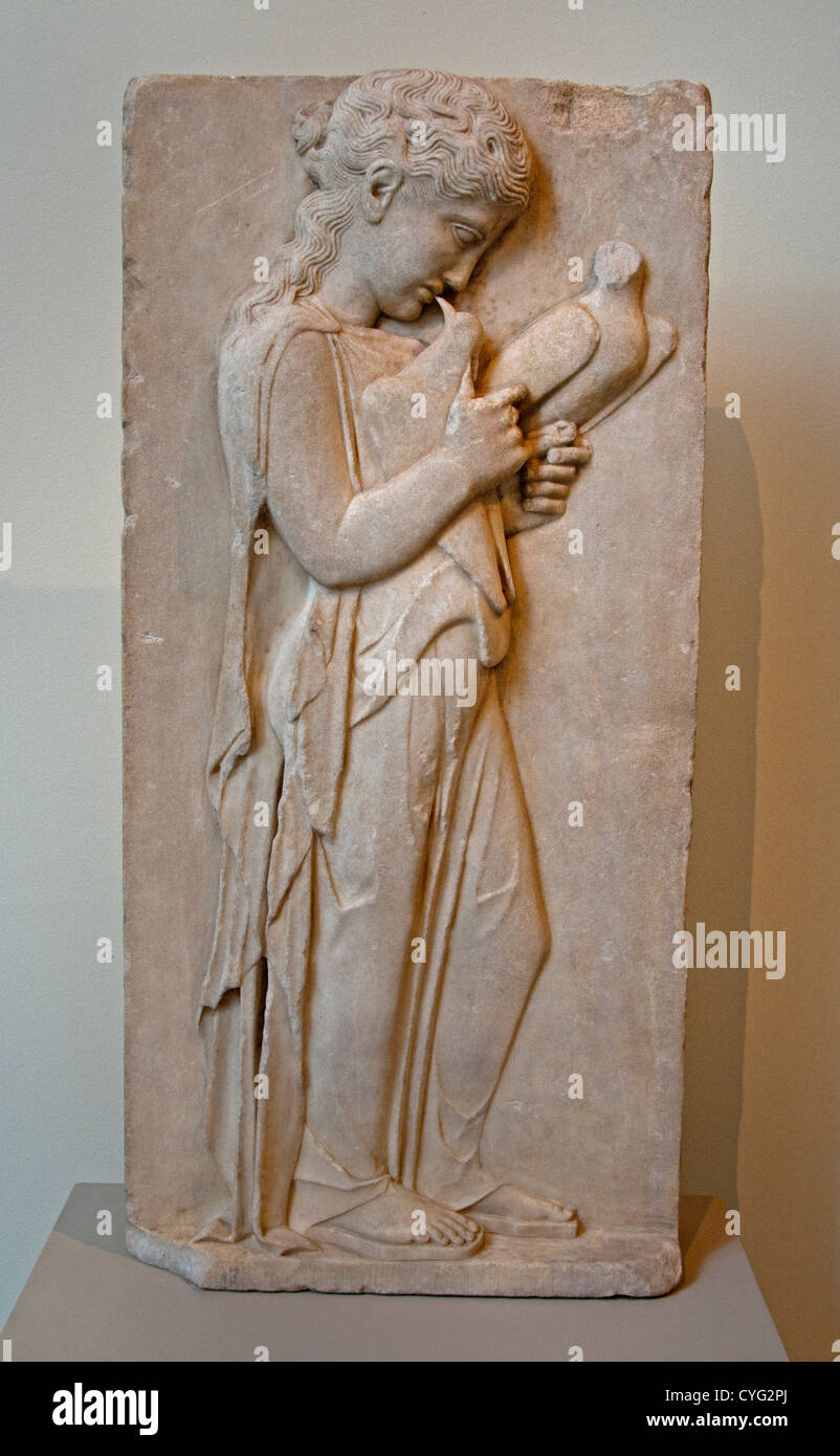 Marble grave stele little girl Classical 450–440 BC Greek 80 cm The gentle gravity of the child sweet farewell to her pet doves Stock Photo