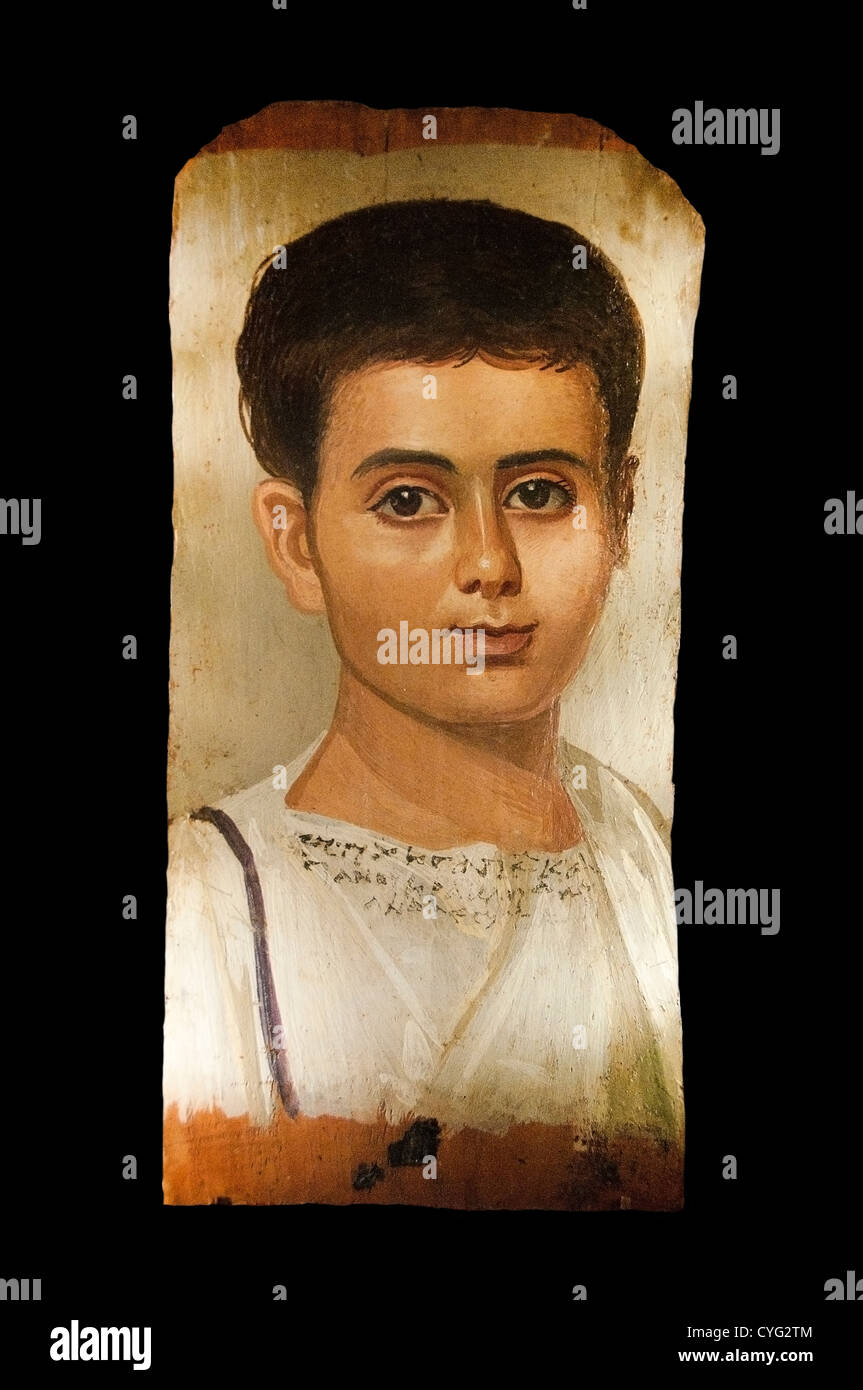 Teenage boy Eutyches portrait looks calmly at the viewer Roman  A.D. 100–150: Egypt  Encaustic wood painting 38 cm Egypt Stock Photo