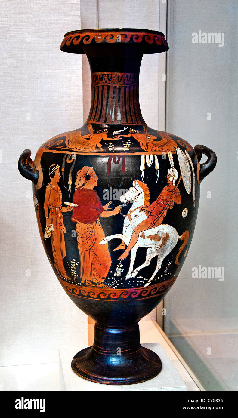 Italic warrior characteristic plumed helmet woman horse Terracotta hydria water jar 350–320 BC Greek Italian Campanian 60cm Stock Photo
