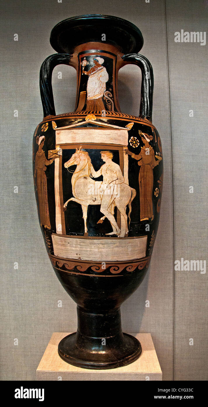Youth and horse within a naiskos between women on the neck woman Reverse Eros Terracotta neck Amphora jar 330–300 BC Greek 78 cm Stock Photo