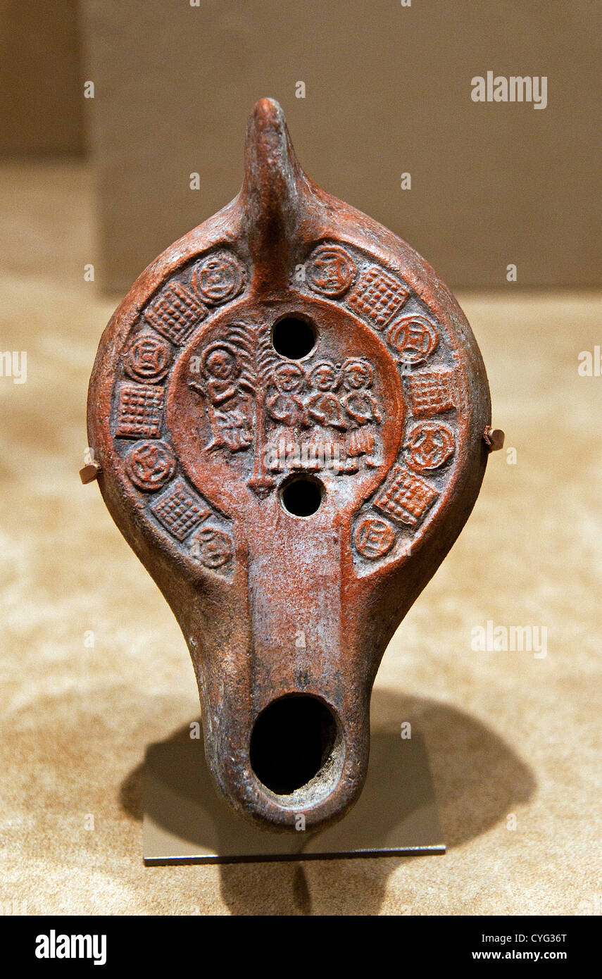 Clay Oil Lamp with the three Hebrews before Nebuchadnezzar   Roman Byzantine  5th–6th century Tunesia North Africa Earthenware Stock Photo