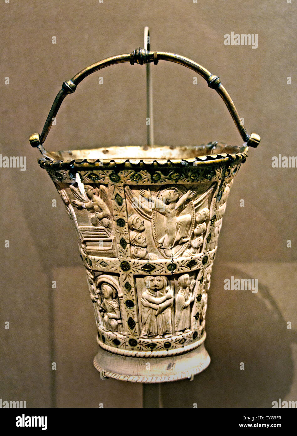 Situla Bucket for Holy Water 860–880 northern France Carolingian Ivory with gilded copper alloy mounts and foil inlays French Stock Photo