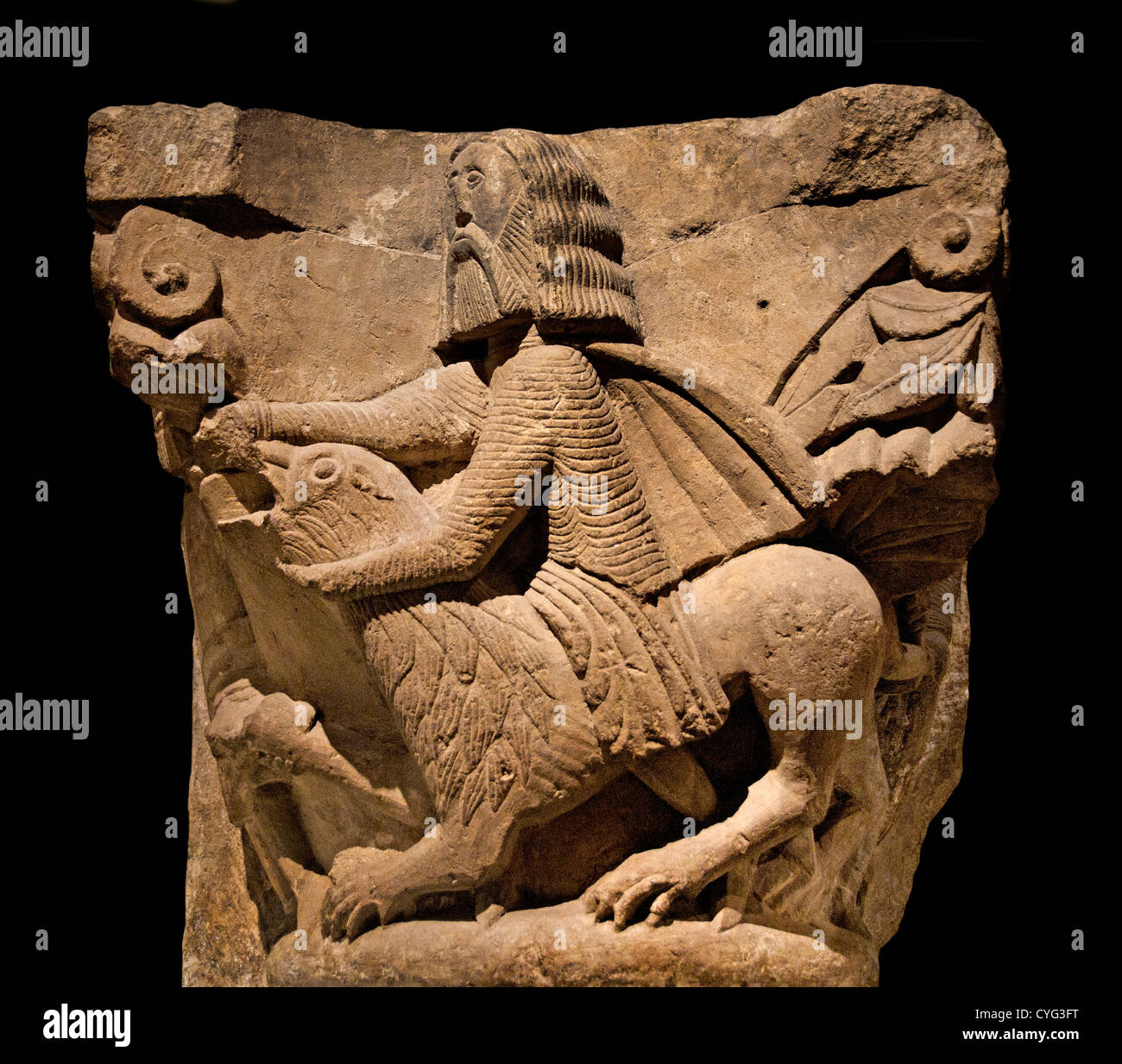 Capital with Samson and an Attendant Fighting a Lion 1175–1200  Palencia Spain Spanish  Limestone 50 cm Stock Photo