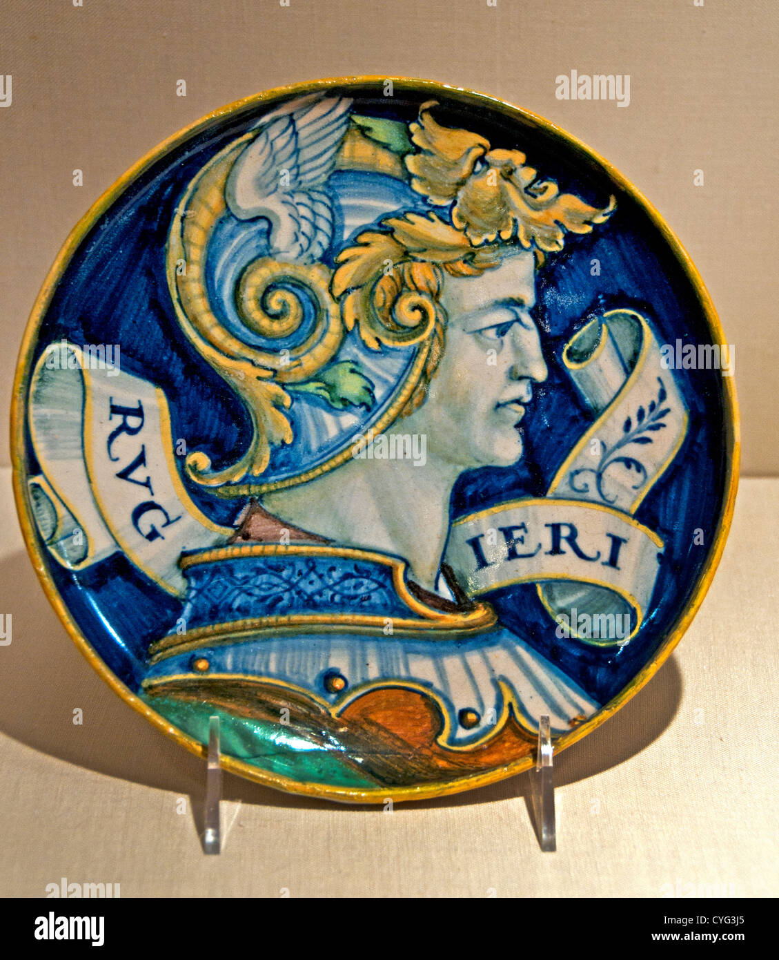 The Hero Ruggiero Style of Nicola da Urbino 1525  Italian Castel Durante Maiolica tin enameled earthenware 21 cm  Plate Ceramic Stock Photo