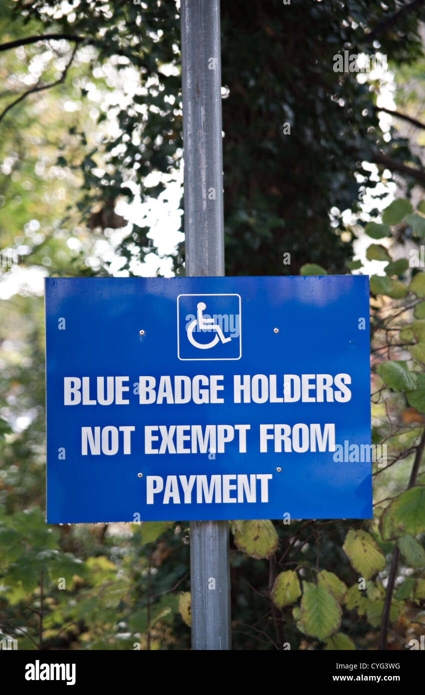 A 'Blue Badge Holder Not Exempt From Payment' sign, UK Stock Photo Alamy