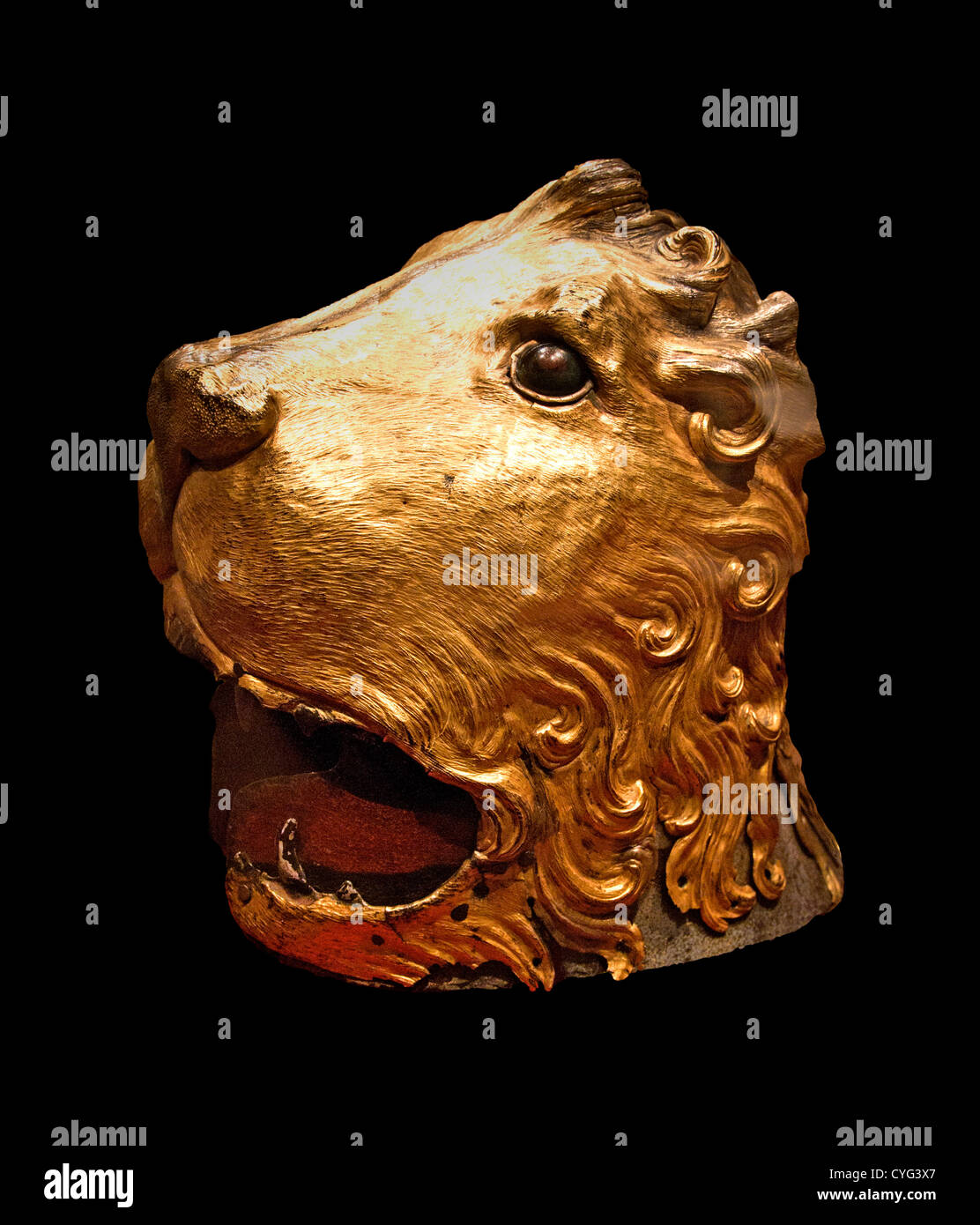 Sallet Shape Lion's Head 1460 Italian Steel gilt copper 30 cm  helmet Renaissance armor Nemean Lion mythological hero Hercules Stock Photo