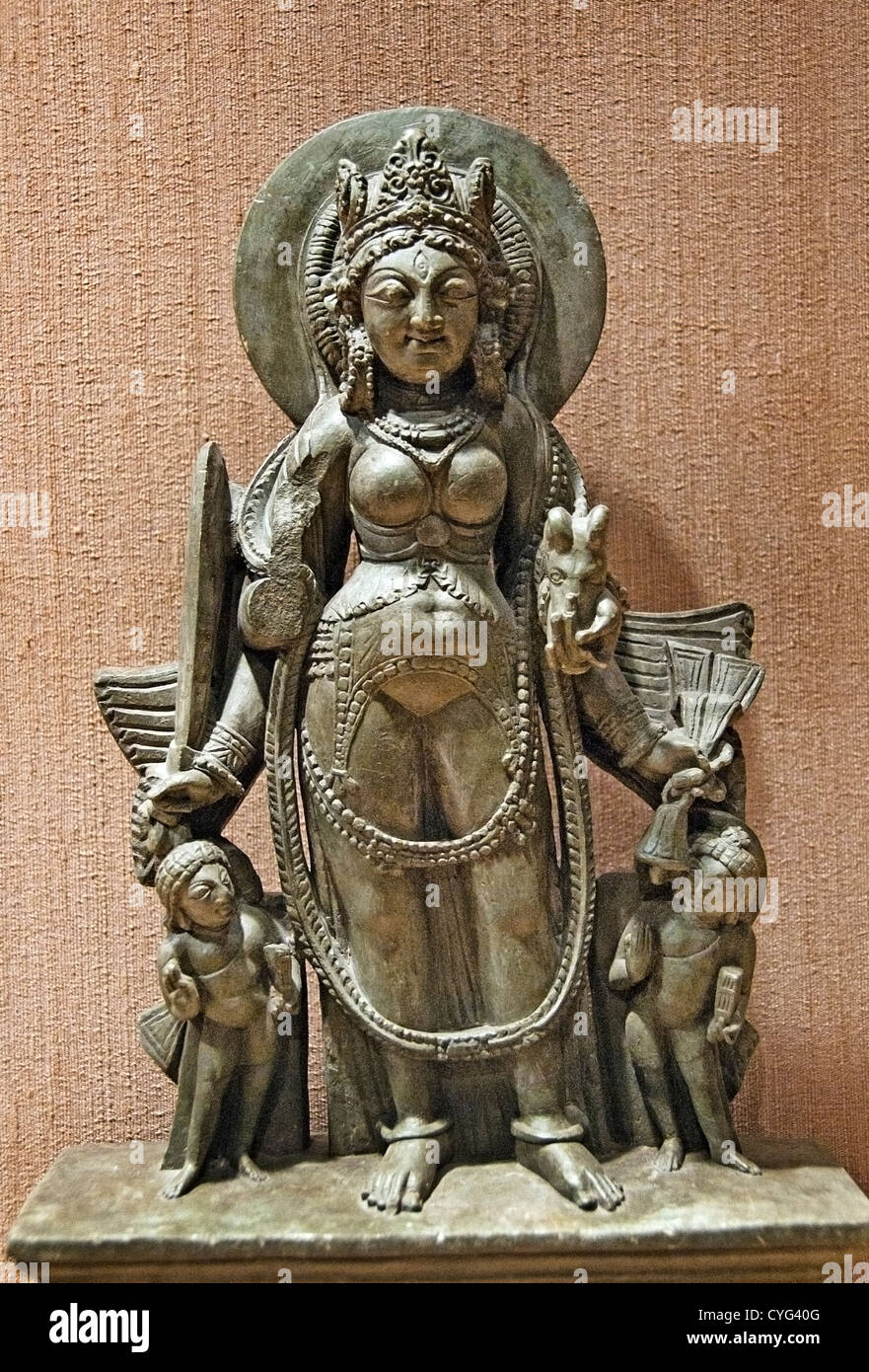 Standing Four Armed Goddess Durga 9th century India Jammu & Kashmir ancient kingdom of Kashmir Stone 32cm Stock Photo