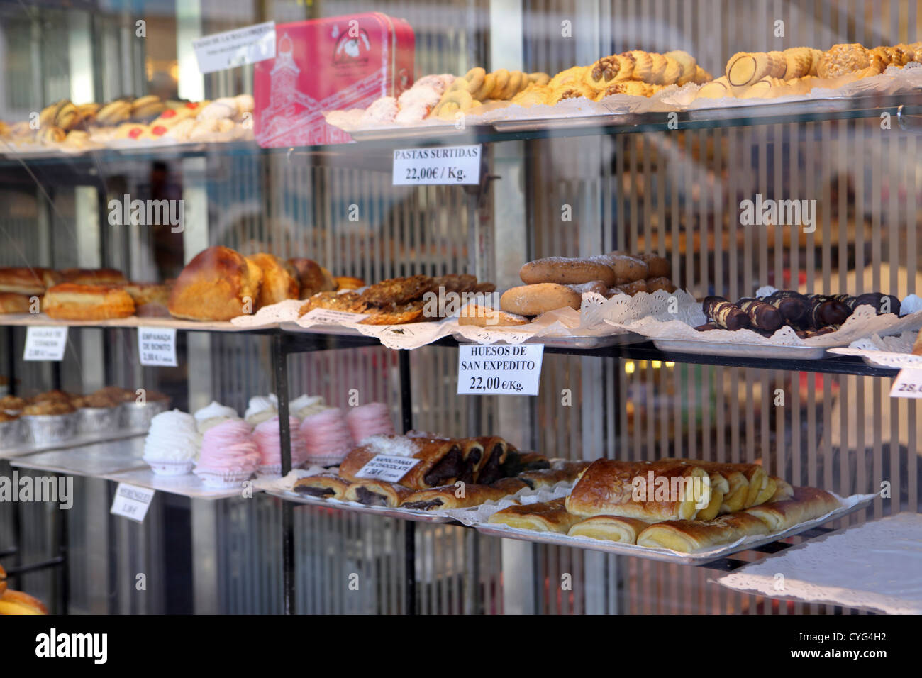 Sweet cakes & pastries in shop window of La Mallorquina classic