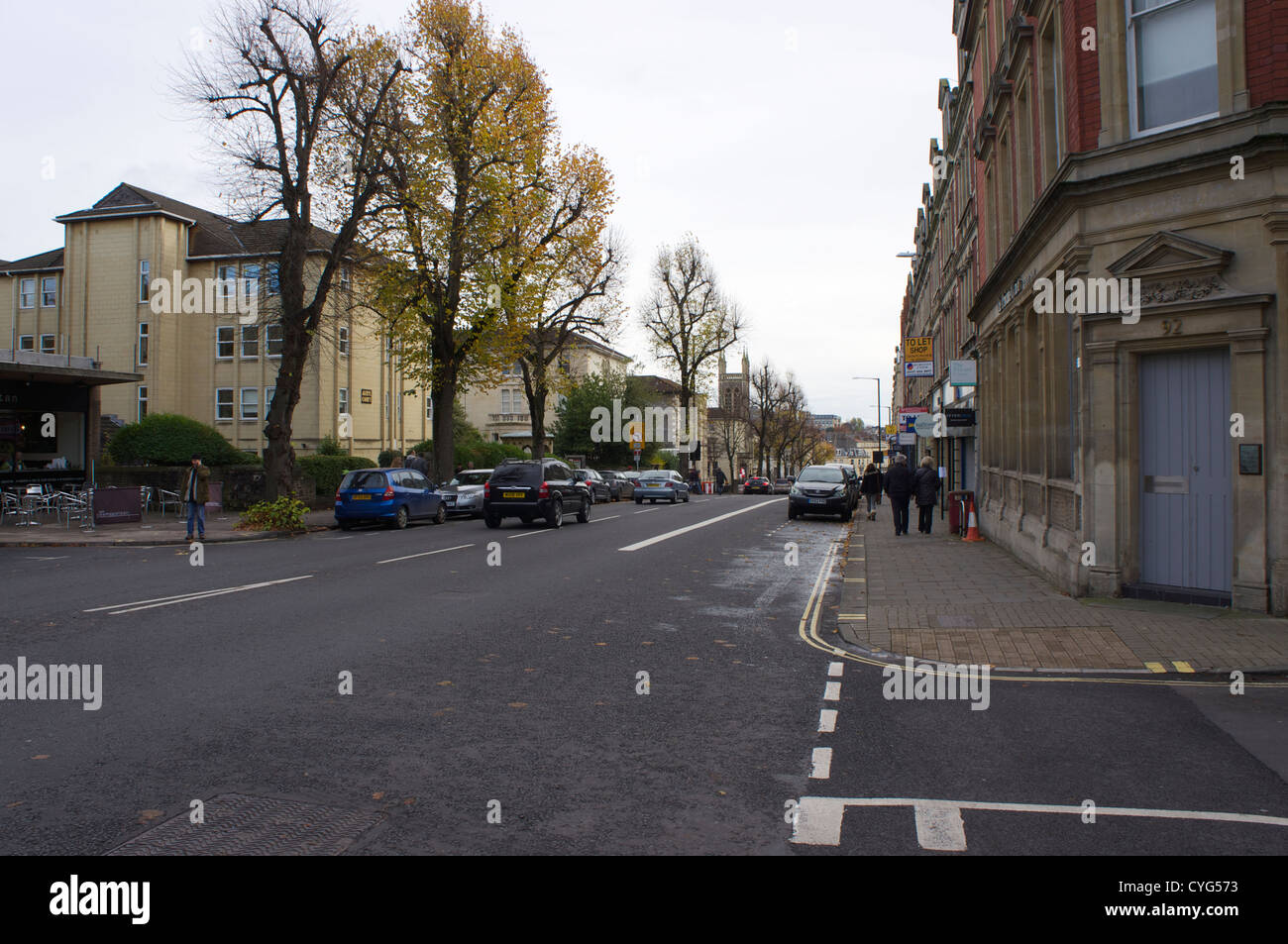 Quiet street devoid of shoppers on a Saturday afternoon in Bristol city Stock Photo