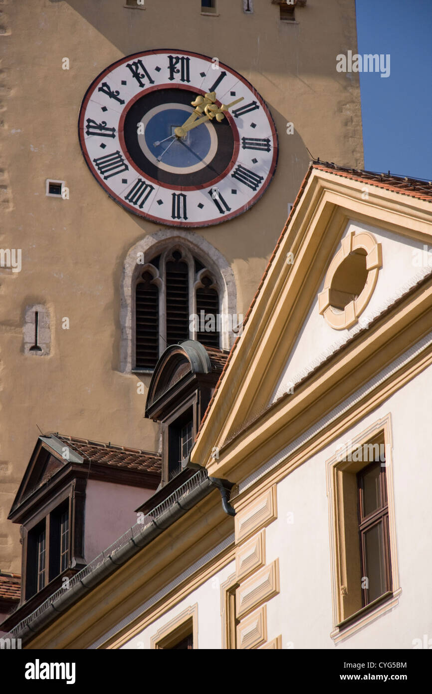 The clock-tower of Regensburg town hall (Rathaus), viewed from the Kohlenmarkt, Bavaria, Germany Stock Photo