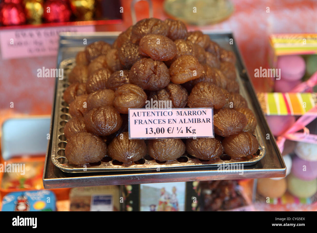 Marron Glace, Marron Frances, display candied chestnuts, sweet shop bakery  window, Madrid, Spain Stock Photo - Alamy