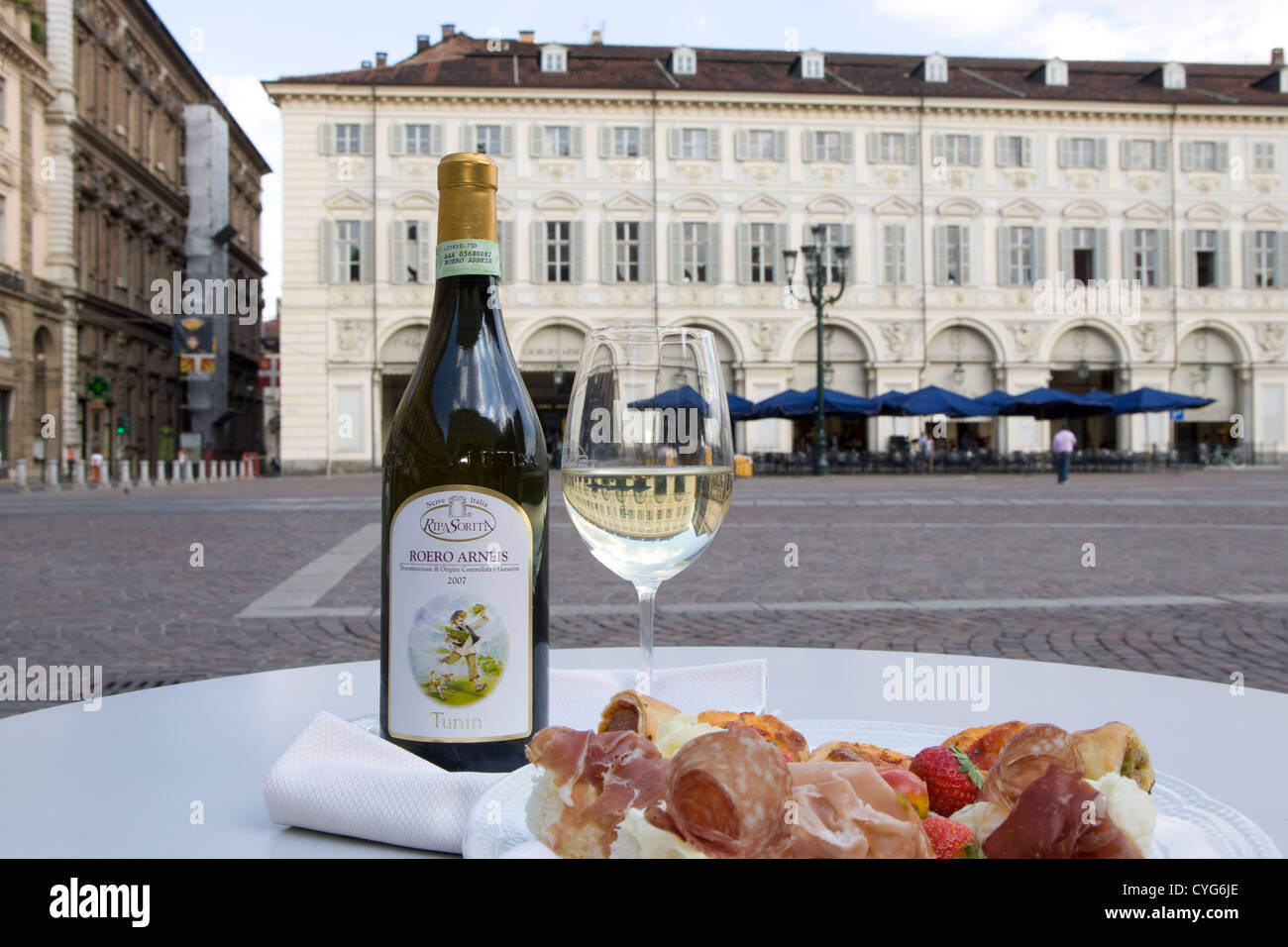 Turin - Piazza San Carlo / Cafe San Carlo / aperitivo platter & local white wine Stock Photo